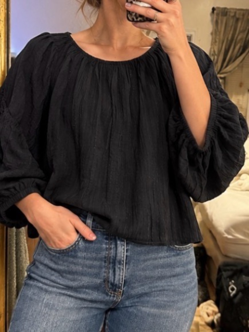 Women's Black Balloon Sleeve Peasant Blouse